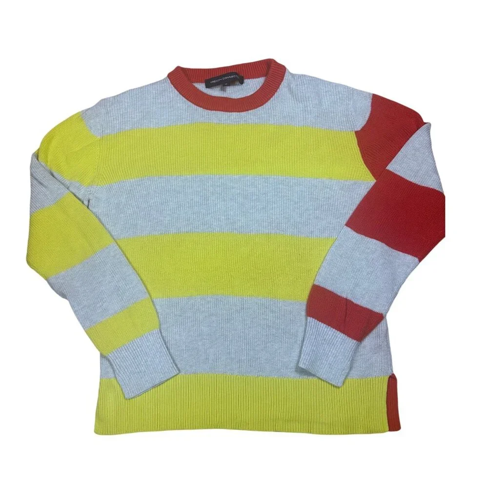 French Connection Striped Sweater Gray Yellow Orange Cotton Size M - Picture 2 of 7
